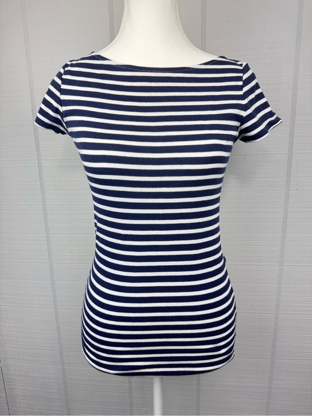 Ralph Lauren Blue White Striped Short Sleeve Top Boat Neck Preppy Nautical